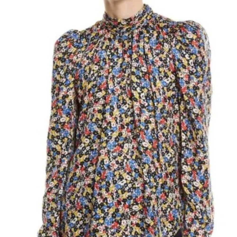 Veronica Beard Mena Multi Floral Stretch Silk Mock
Neck Top Blouse Puff Sleeve 8